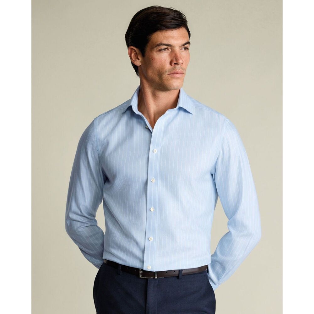 NWT Charles Tyrwhitt Non-Iron Herringbone Stripe Shirt Light Blue 16.5 / 33in